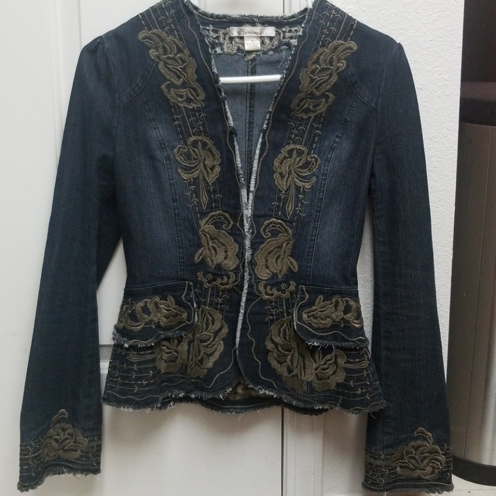 Floral Embroidered Denim Jean Jacket Distressed